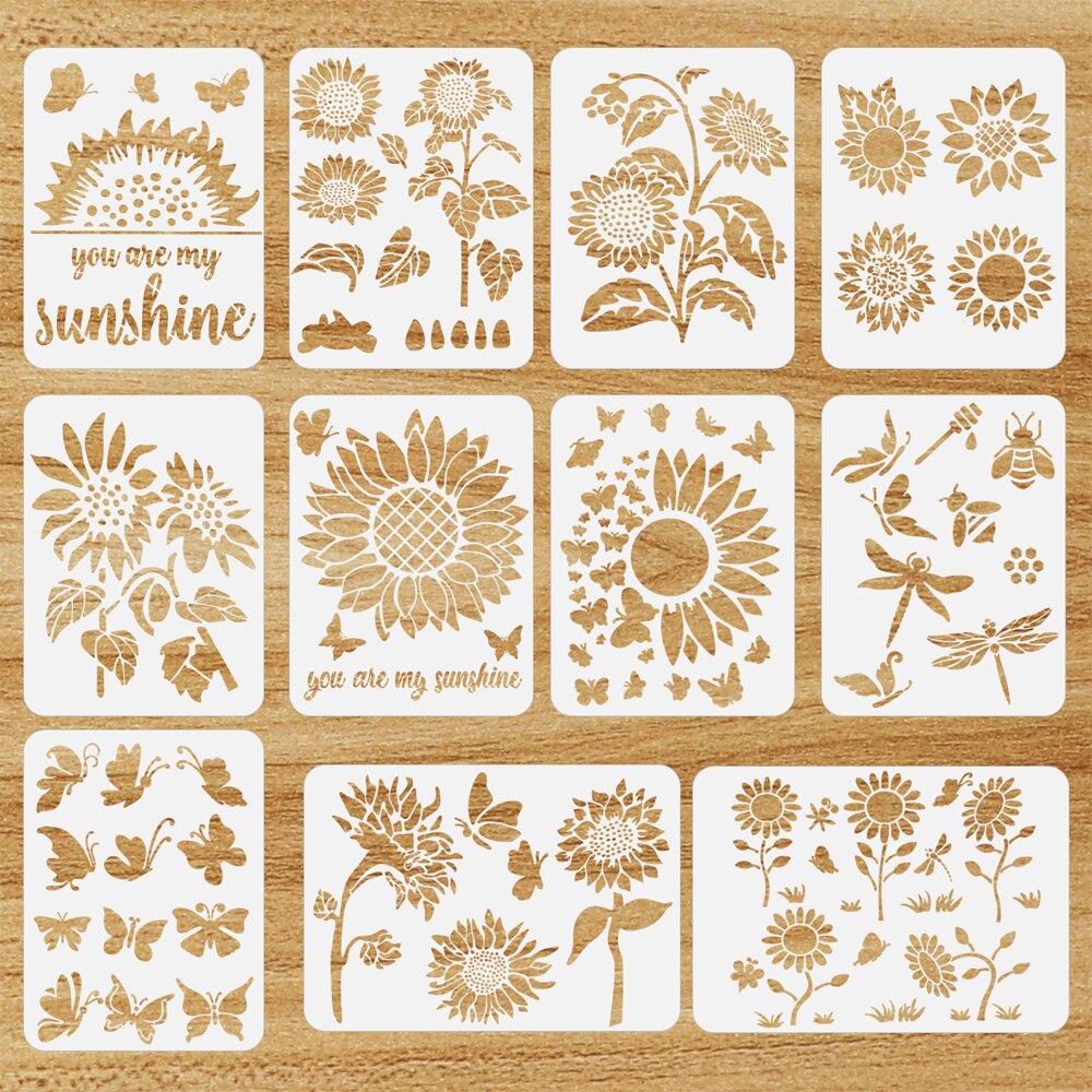 11Pcs/Set Sunflower Painting Stencils Reusable Plants Stencil Template Stencils with Metal Open Ring for DIY Paint Craft Wall