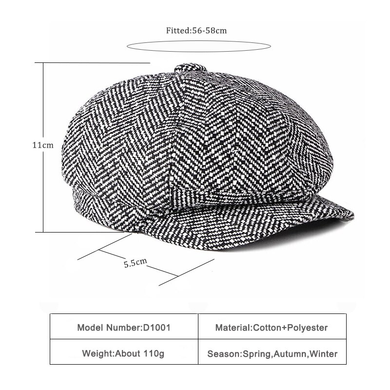 Wuaumx Newsboy Caps Men Women Tweed Octagonal Hat Eight-blade Cap Detective Hats Autumn Winter Herringbone Flat Caps chapeau