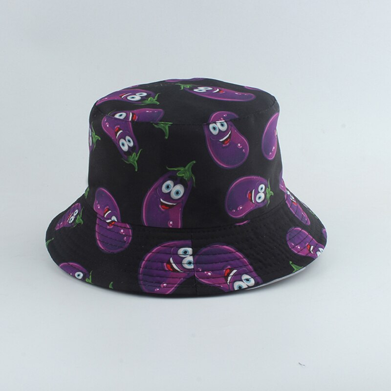 Aubergine tomat gurka peppar tryck fiskare hatt sommar solhattar för män kvinnor utomhus casual vändbar hink hatt: Aubergine svart