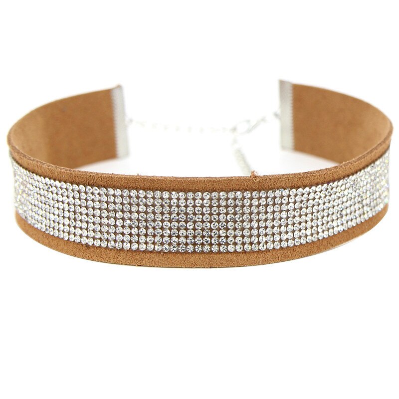 Gargantilla gótica de cuero negro con diamantes de imitación para mujer, collar de cristal, Gargantilla con estilo, joyería de ,: brown