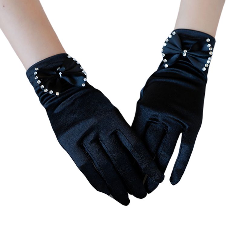 Gants de mariage courts en Satin Vintage, avec nœud papillon en strass, mitaine de fête à clapet des années 1920