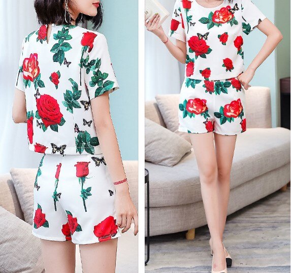 Runway Zomer Kleding Set Vrouwen Vintage Ketting Gedrukt Blouses Korte Mouwen Tops En Retro Patroon Shorts Broek Pak NS846