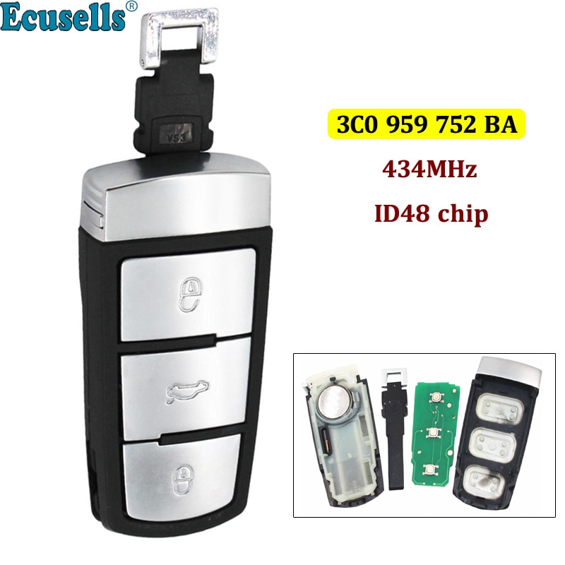 3 Buttons Smart Remote Car Key Fob For Volkswagen 3C0 959 752 BA 433mhz 434Mhz ID48 Chip For VW Passat B6 Magotan CC Car Key