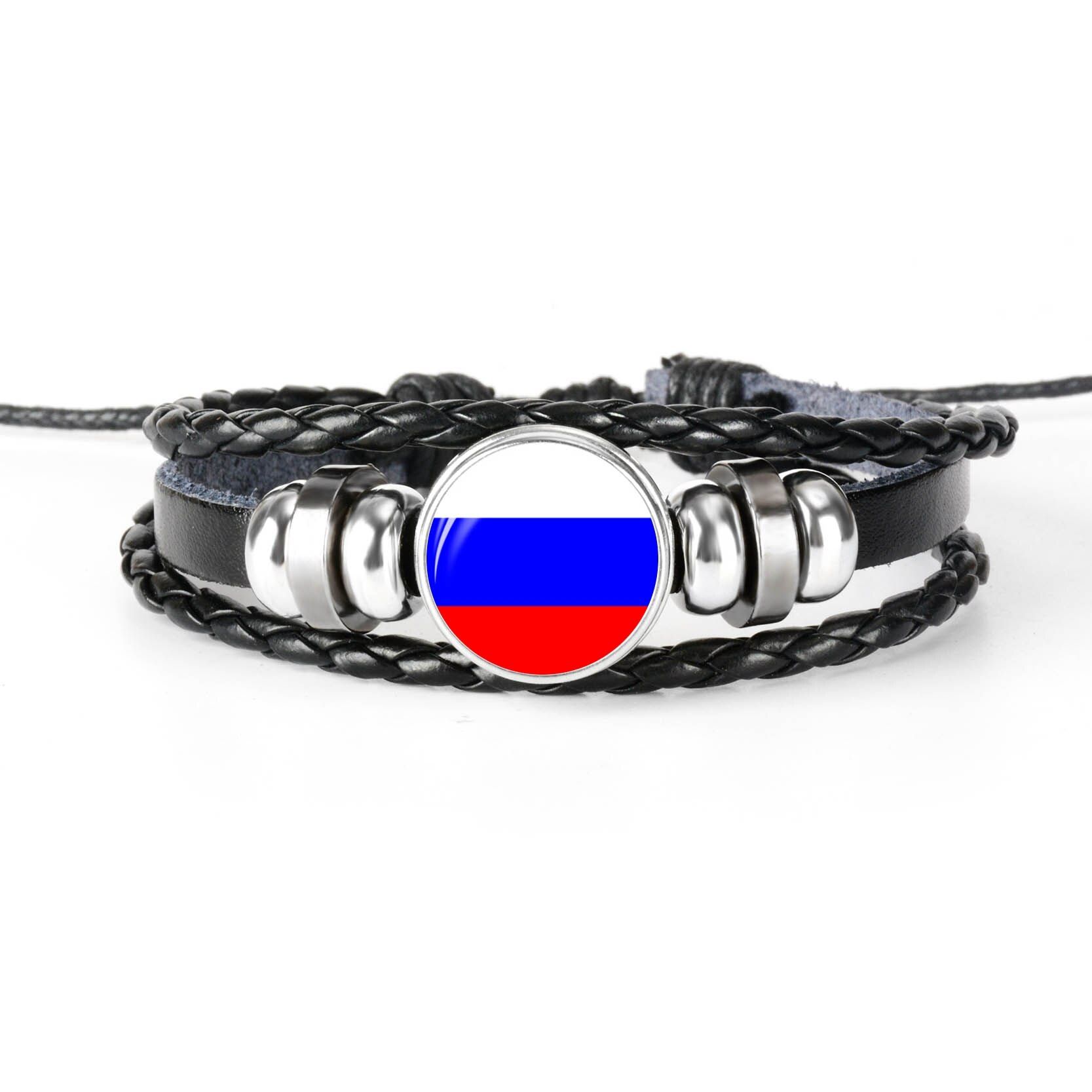 Pulsera de cuero hecha a mano para hombres y mujeres, brazalete con de la bandera de Rusia, con cabujones de cristal, de joyería,: RUSSIA