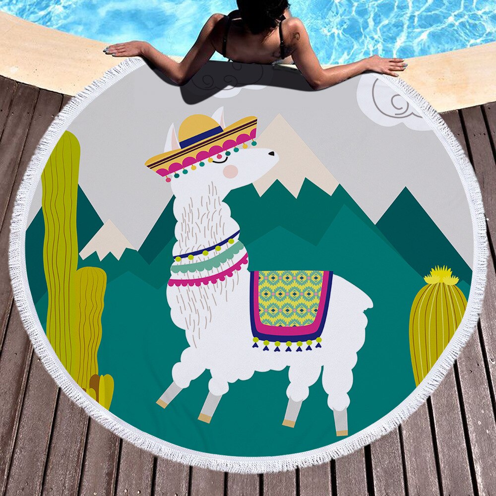 Microfiber Ronde Strandlaken 150 cm Badhanddoeken Kwastje Leuke Alpaca Print Zomer Vrouwen Sandy Zwemmen Plage Zonnebad Toalla Playa