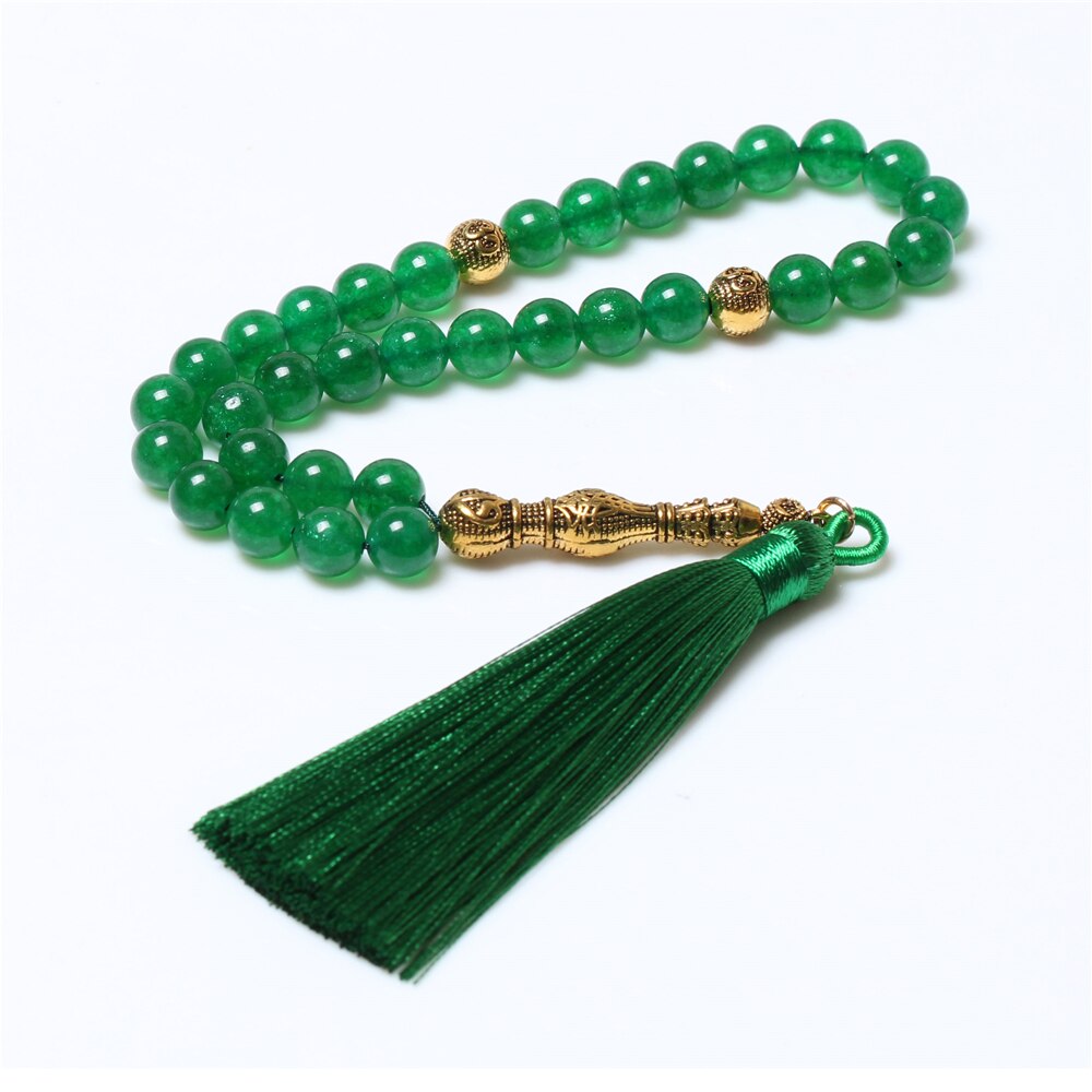 Grânulos muçulmanos islâmicos da oração da tasbih da pedra 33 da borla da linha verde das vendas quentes 8mm