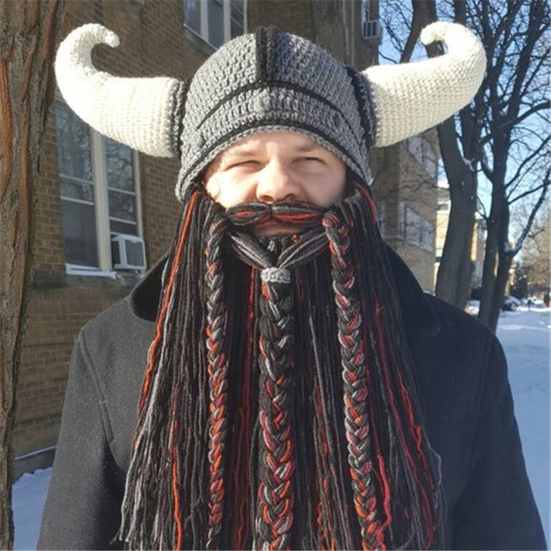 Menn vinter varm håndvev ullhatter skjegg halloween karneval fest morsomt hodeplagg skrekk viking horn cosplay kostyme strikket hatt