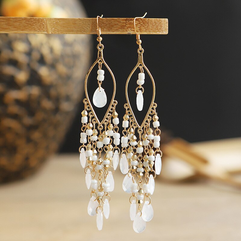 Boho Colorful Resin Beads Tassel Dangle Earrings for Women Long Bohemia Acrylic Earrings Jewelry Accessories: E1800-White