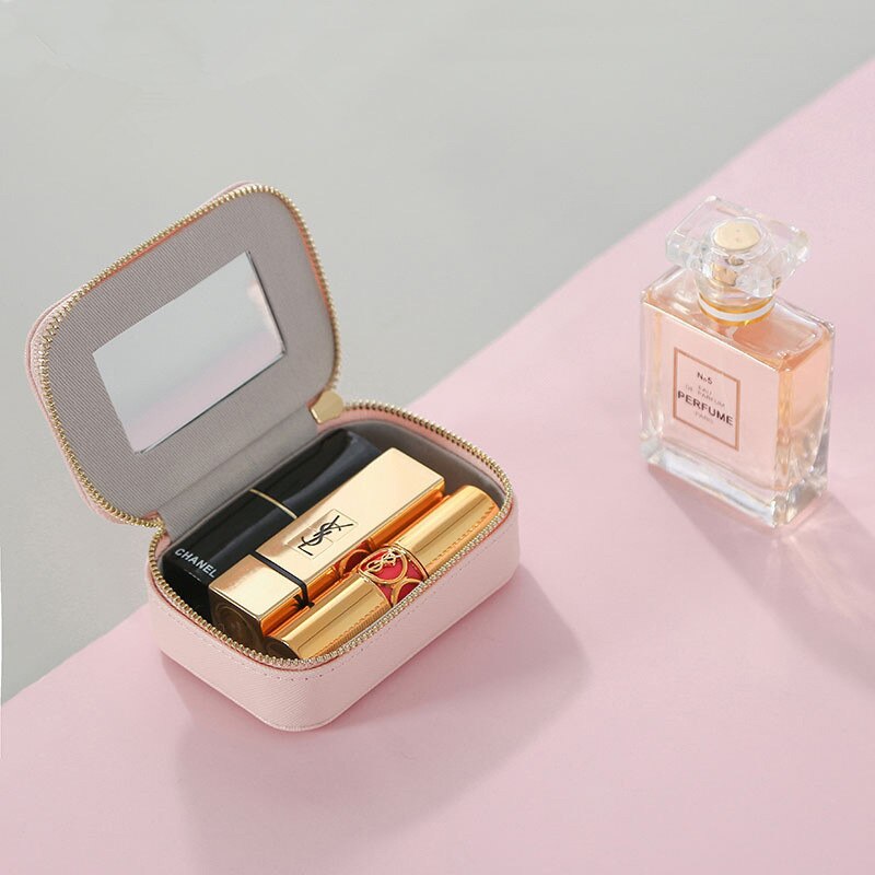 PUOU estuche portátil de cuero para espejo cosmético Mini bolso para mujer, bolsa de maquillaje para lápiz labial, bolsa para guardar joyas, bolsa para lápiz labial