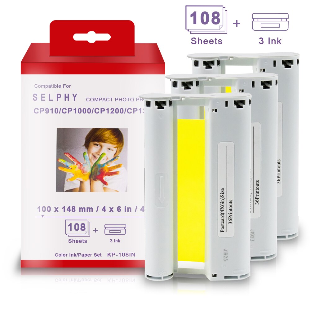 Topcolor kompatibel canon selphy  cp1300 cp1200 cp1000 cp910 cp900 fotoprinterpapir til canon selphy ink kassette kp -108in
