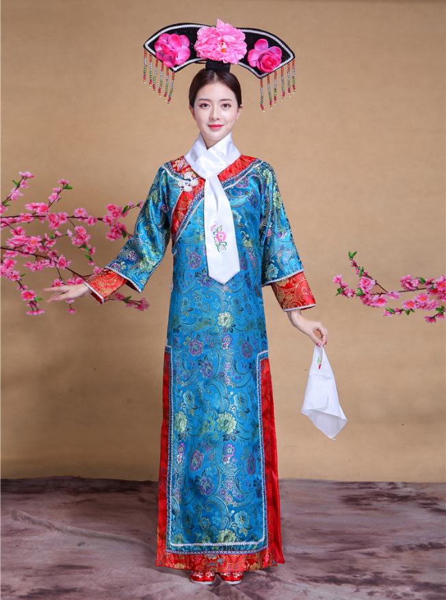 Chinese Ancient Traditional Infanta Dramaturgic Costume Qing Dynasty Robe Dress costume ball Costume: blue