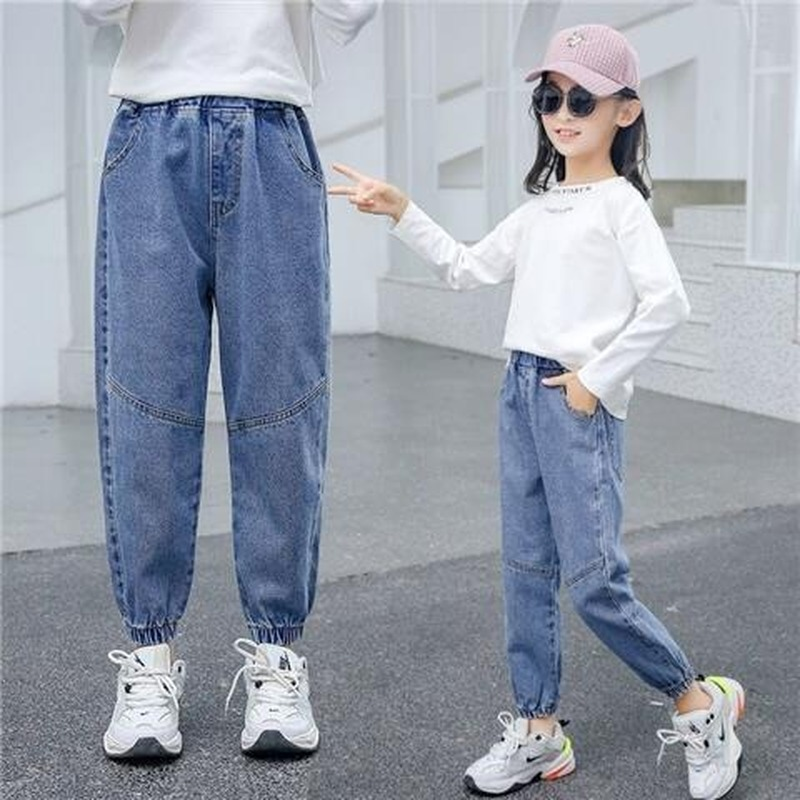 Pantalones vaqueros de algodón lavado para niñas de 2 a 12 años, pantalones coreanos con 2 bolsillos, Color sólido