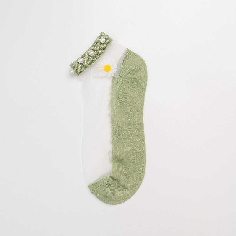 Breathable Thin Socks Women Summer Transparent Lace Socks with Pearl Lady Glass Silk Cotton Mesh Daisy Socks Nylon Ankle Socks: Green