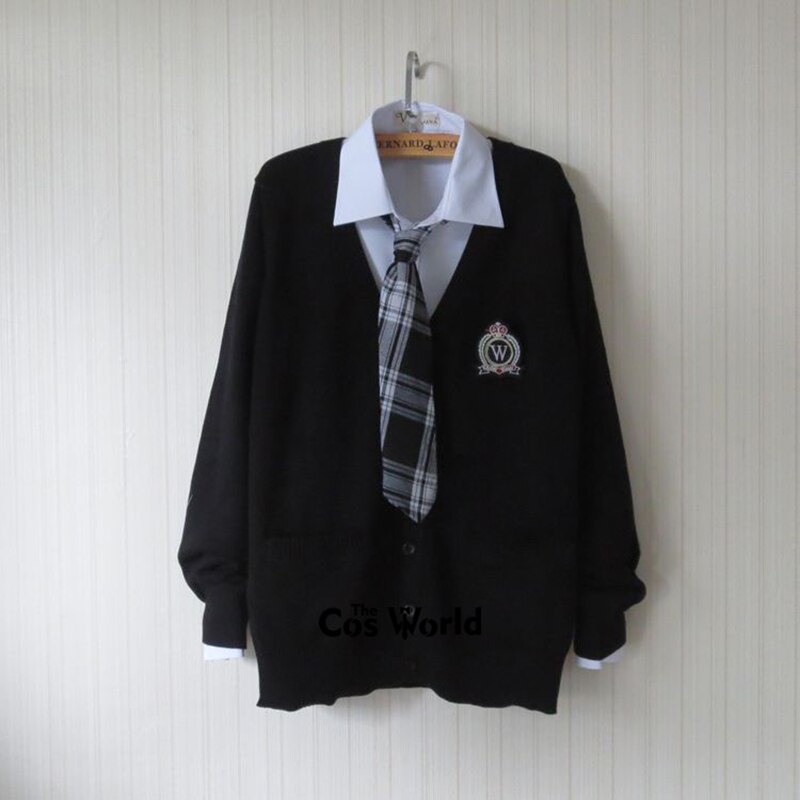 Preppy Style Student Class Uniform Japan JK High School Uniform Winter Black V-Neck Cardigan Black White Pleated Skirt Suits