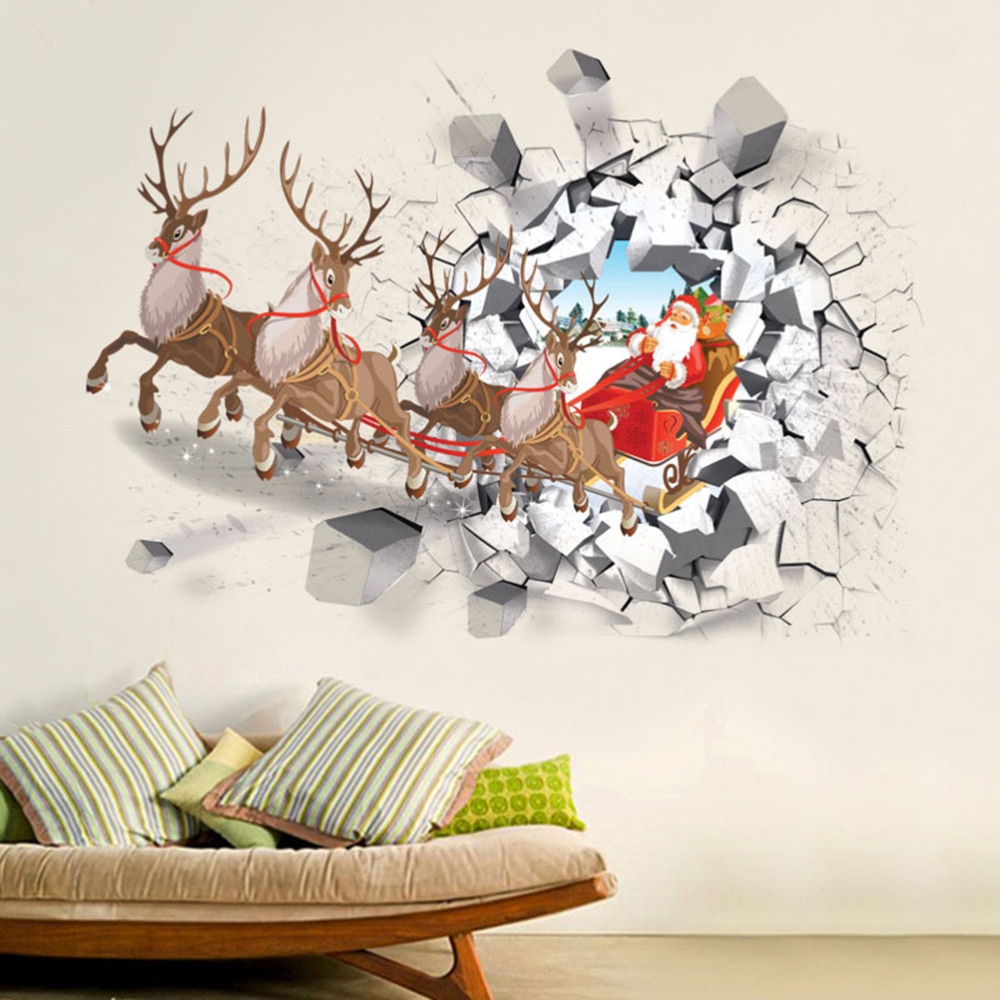 Christmas Wall Stickers 3D Santa Claus Reindeer Car Removable Wall Decals for Bedroom Living Room Restaurant Office Dec