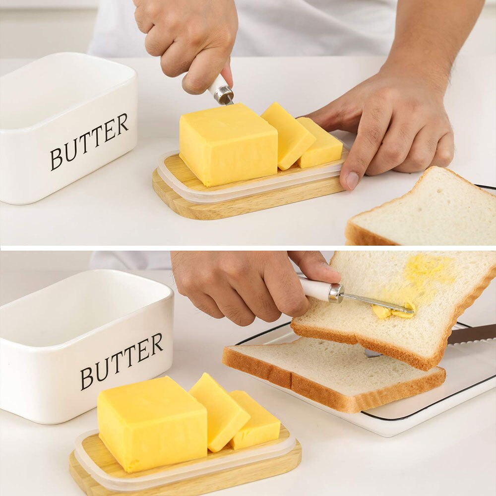 Nordic Ceramic Butter Box Wood Cover With Knife Butter Sealing Plate Storage Tray Dish Cheese Kitchen Food Container Butter Dish