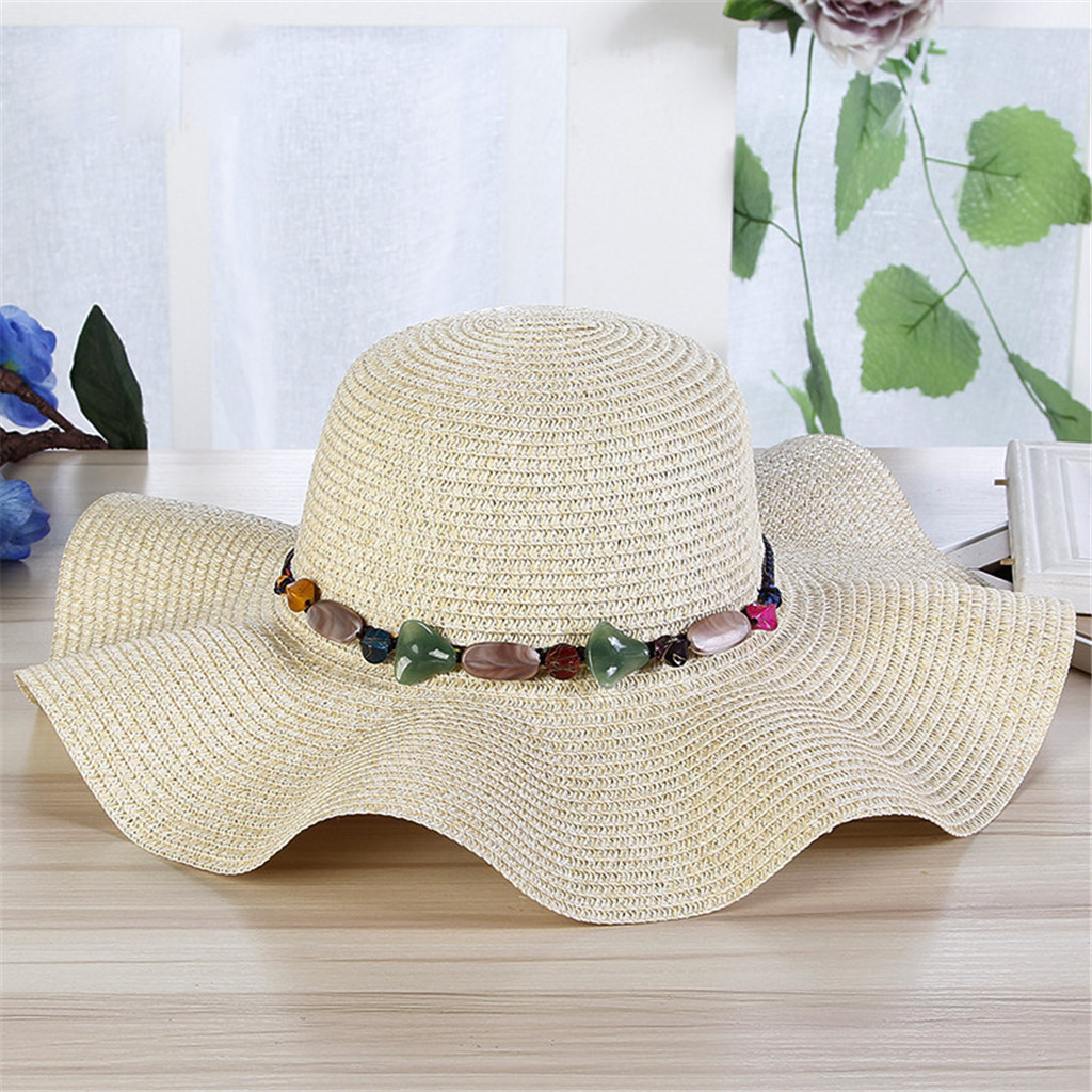 Women Big Wide Brim Straw Hat Colorful Stone Beach Sun Foldable Cap