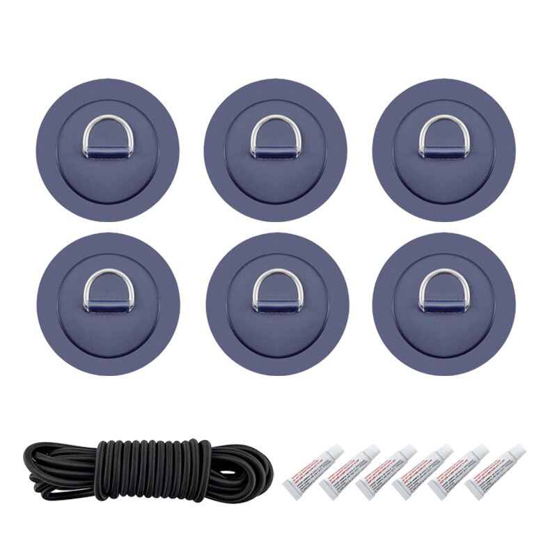 6 stuks/partij surfplank, dinghy, boot, pvc-patch met roestvrijstalen d-ring, dekbevestiging, sup ronde ringpad, 5m elastische bungee-touwset: Donkerblauw