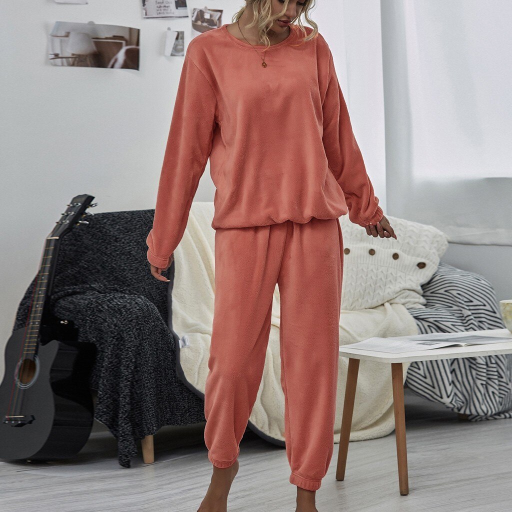 Winter Warme Pyjama 2 Stuk Flanellen Pyjama Set Leuke Effen Kleur Lange Broek Nachtkleding Homewear Vrouwen Print Lingerie Ronde hals #30: RD / L