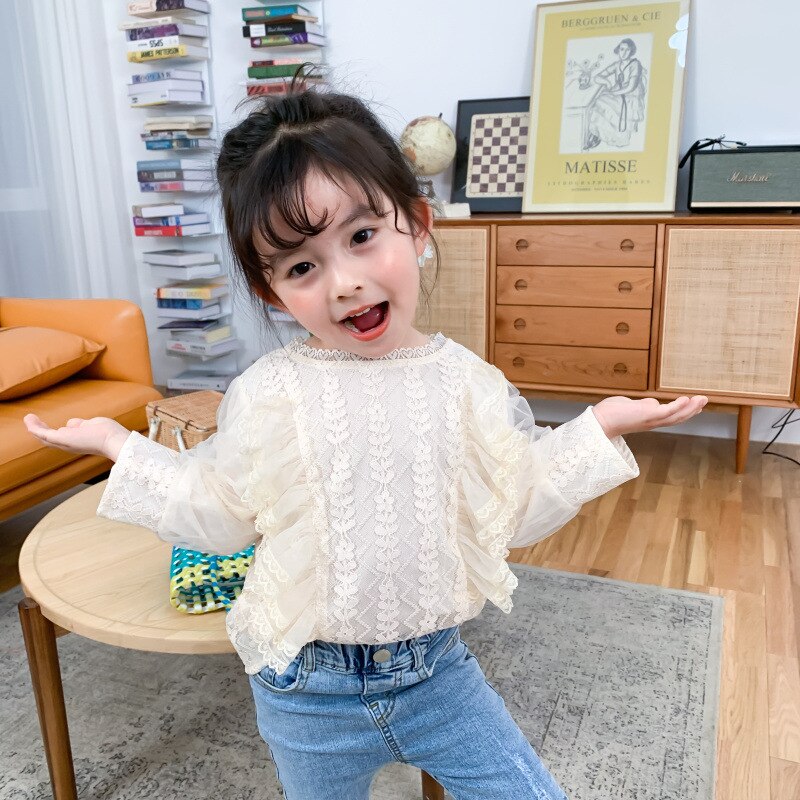 Koreansk stil blonder mesh patchwork langærmede dukkebluser til piger ryg snørestoppe