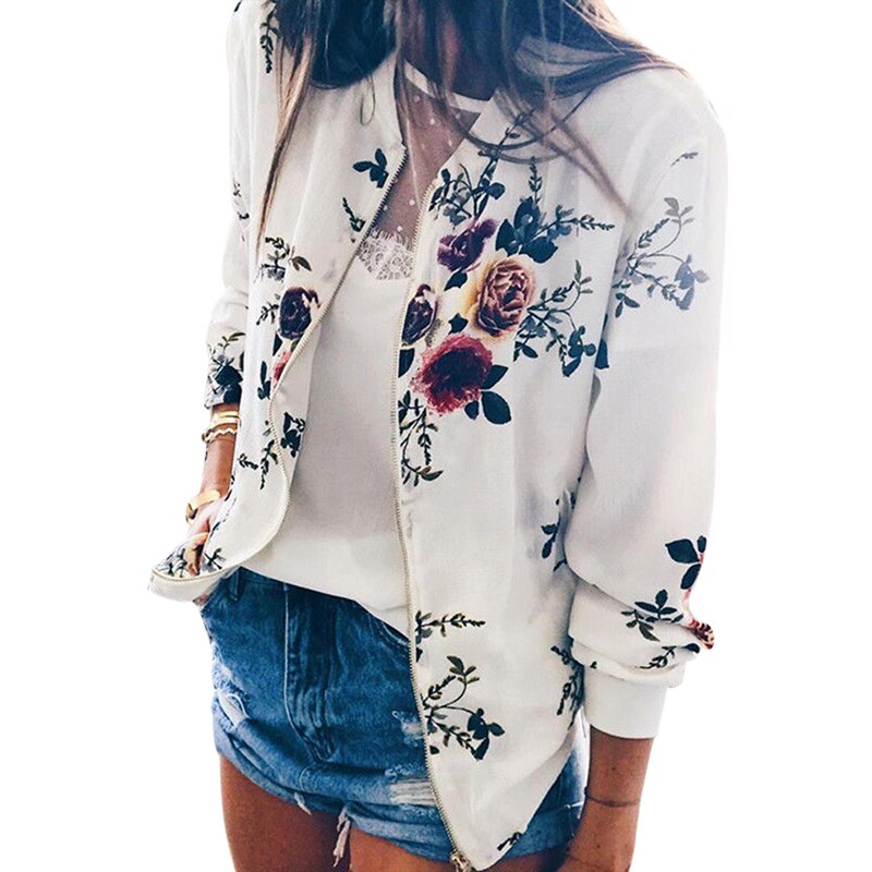 Vertvie femmes Sport manteau printemps Automn veste à glissière couleur unie à manches longues Baseball court imprimé manteau veste décontractée: S / white