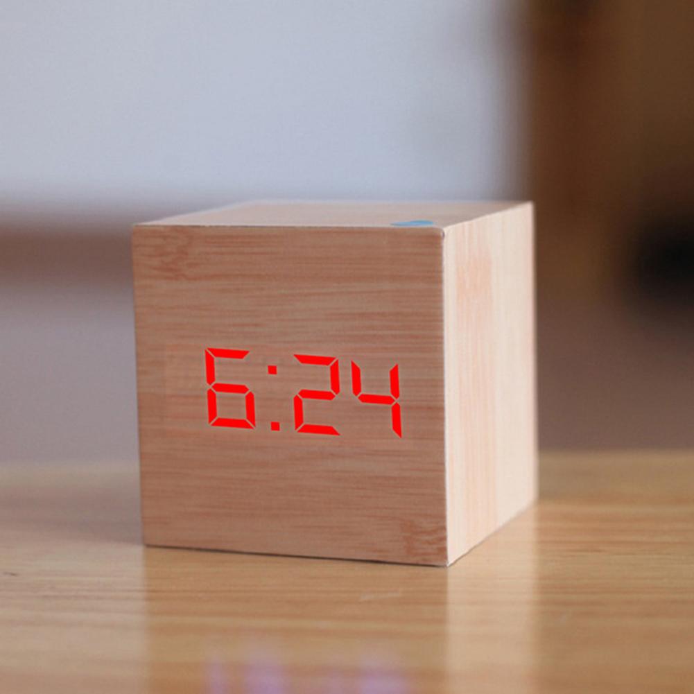 Houten Vierkante Digitale Led Usb Desk Wekker Tafel Voice Control Decoratie