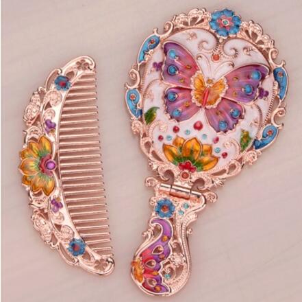 Europen-Espejos de mano con marco de metal antiguo para mujer, espejos pequeños de bolsillo, Espejos decorativos, , J047: S3