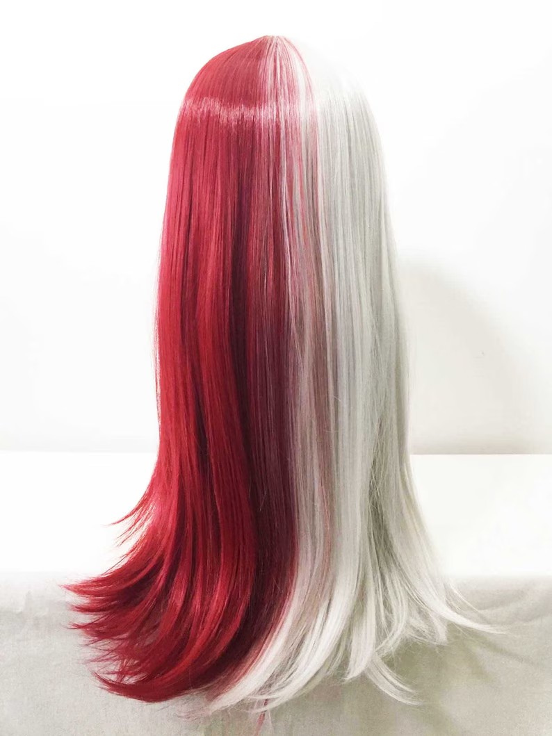 Unisex Half Red Half White Two Tone Long Straight Synthetic Hair Cosplay Wig