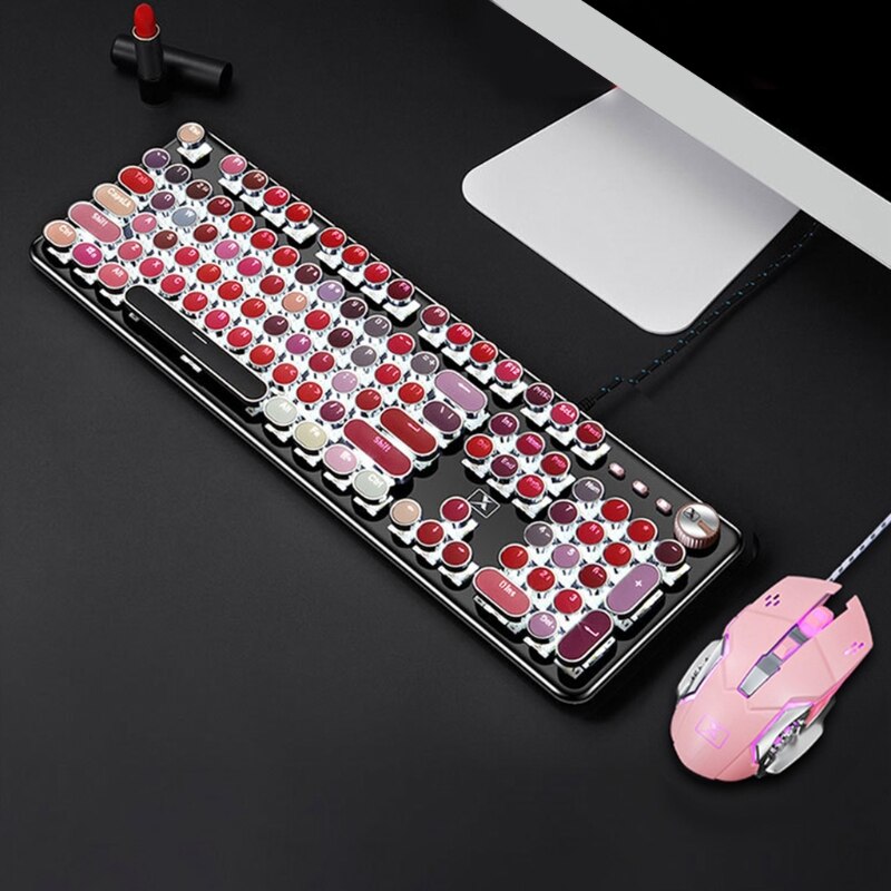 Retro Punk Mechanical Lipstick Metal Keyboard Mouse Set Round Key for Laptop Desktop Computer Keyboard Accessories