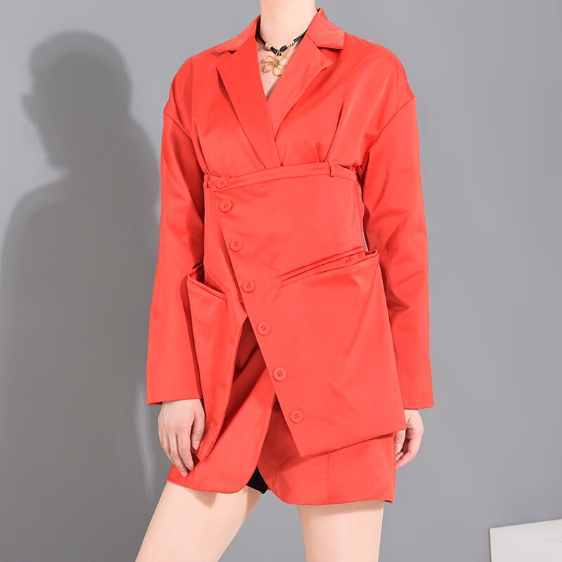 [eam] kvinder orange rød uregelmæssig lang blazer revers langærmet loose fit jakke tide forår efterår 1 t 66015