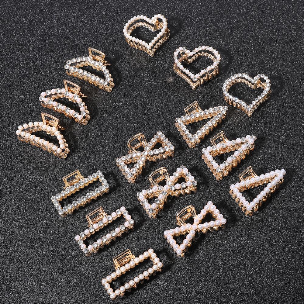 1PcFashion Geometric Imitation Pearl Hair Clips Hair Claw Crab Crystal Retro Heart Shape Hairpin Hair Accessories For Women Girl
