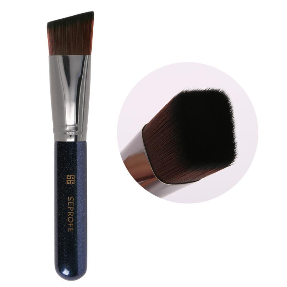Juego de brochas de maquillaje base , 1 unidad, cabeza plana inclinable, corrector de mango pintado de madera y metal, herramientas de maquillaje: blue tilt
