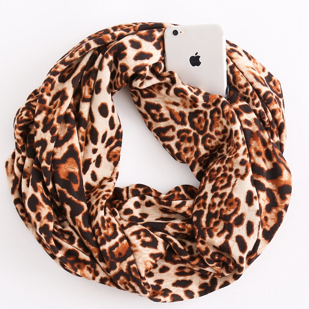 HanXi Secret Pocket Scarf with Zipper for Women Travels Leopard Crircles Scarves Soft Unisex Ring Scarf