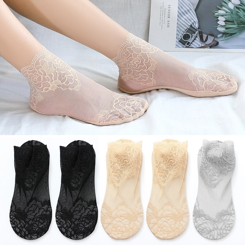 Calcetines tobilleros invisibles antideslizantes para mujer y niña, medias de malla de encaje con flores, elásticas, ultrafinas, 5 pares: 2Black 2Skin 1Grey