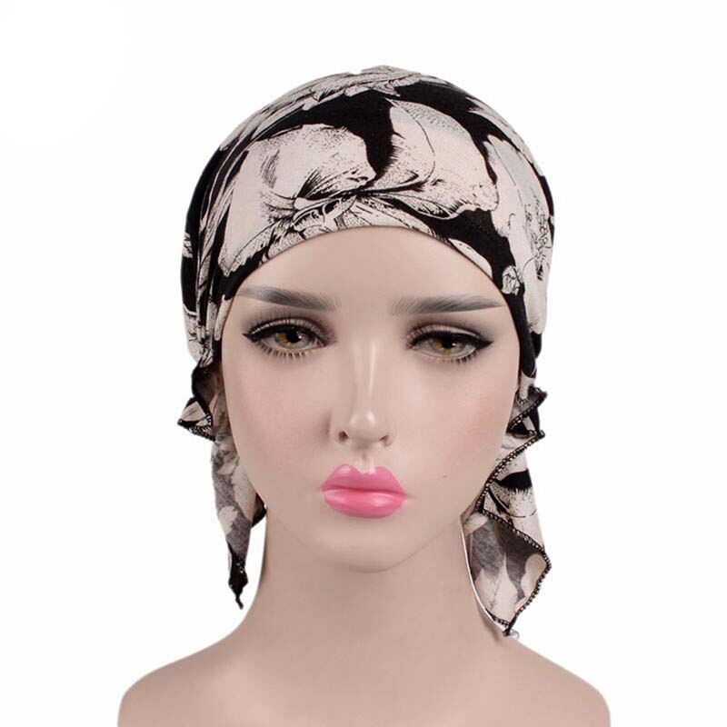 Women Feather-print Turban Hat Long Hair Hat Night Sleep Cap Lady Hair Care Bonnet Headwrap Muslim Hat Indian Hat