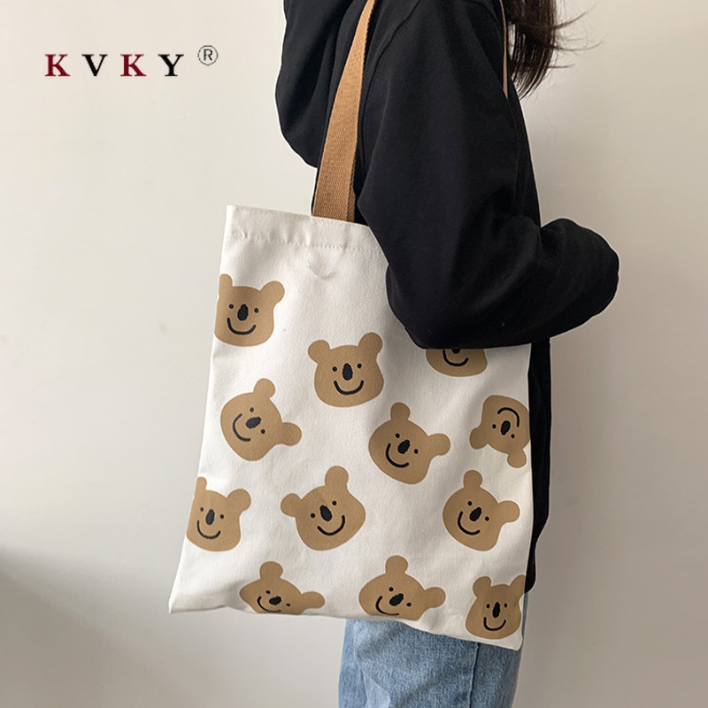 Grote canvas tassen voor dames, boodschappentas voor dames, opvouwbare schoudertas met kleine beerprint, eco-tassen, shopper