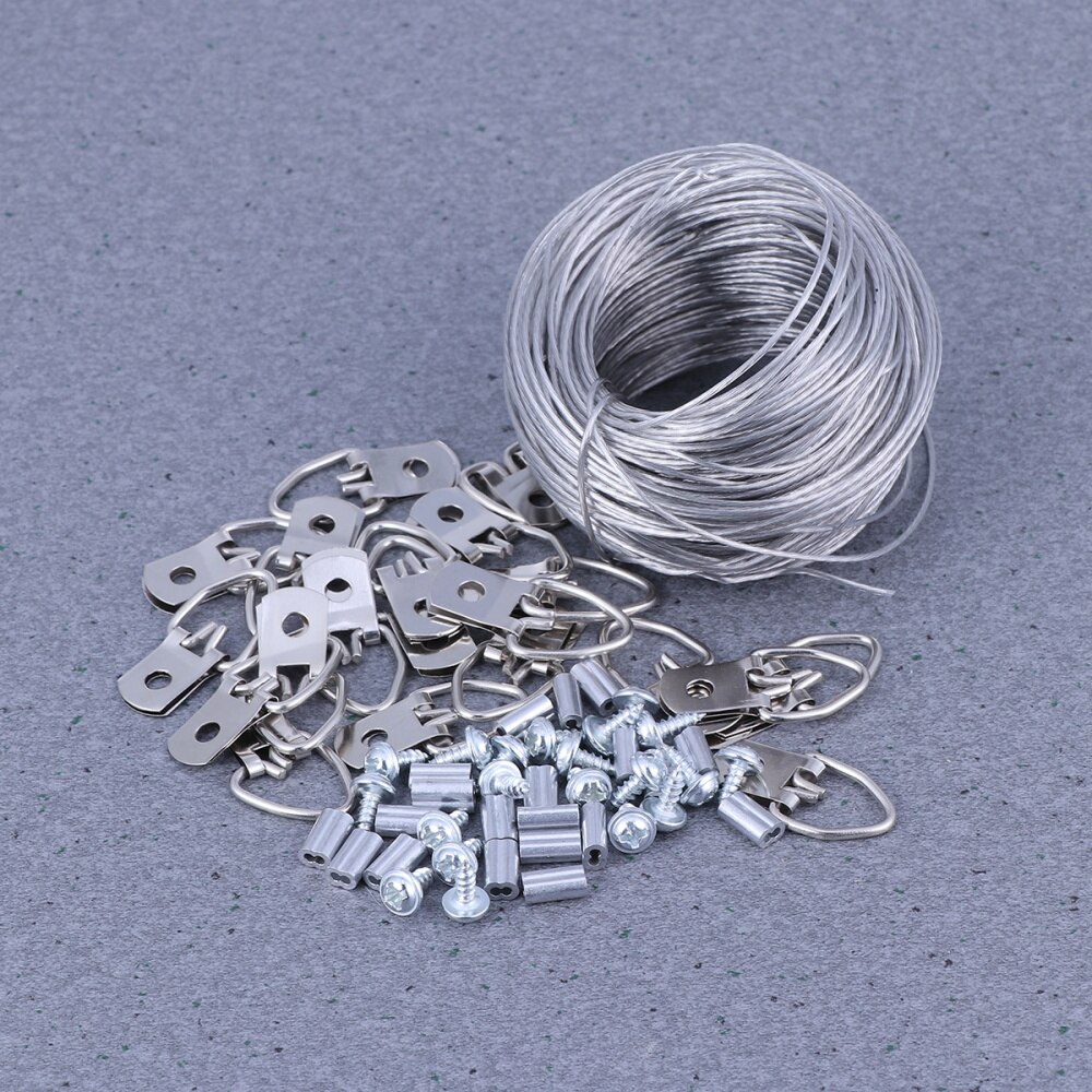 30.5M Rubberized Wire Rope and 20sets Photo Frame Hanging Hooks Kit Picture Hangers Picture Hanging Wire Set