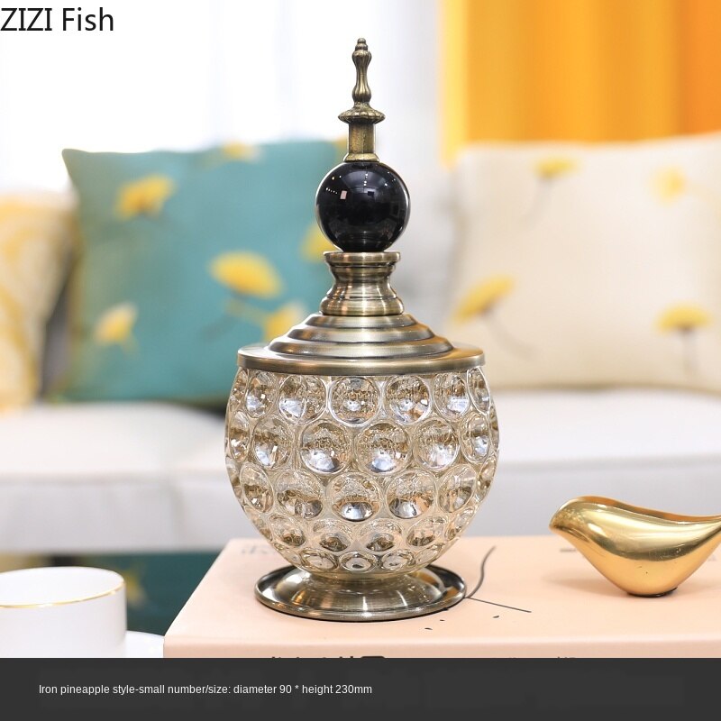 European Metal Glass Small Storage Tank Small Ornaments with Lid Art Crafts Living Room Office Flower Crystal Candy Storage Jar