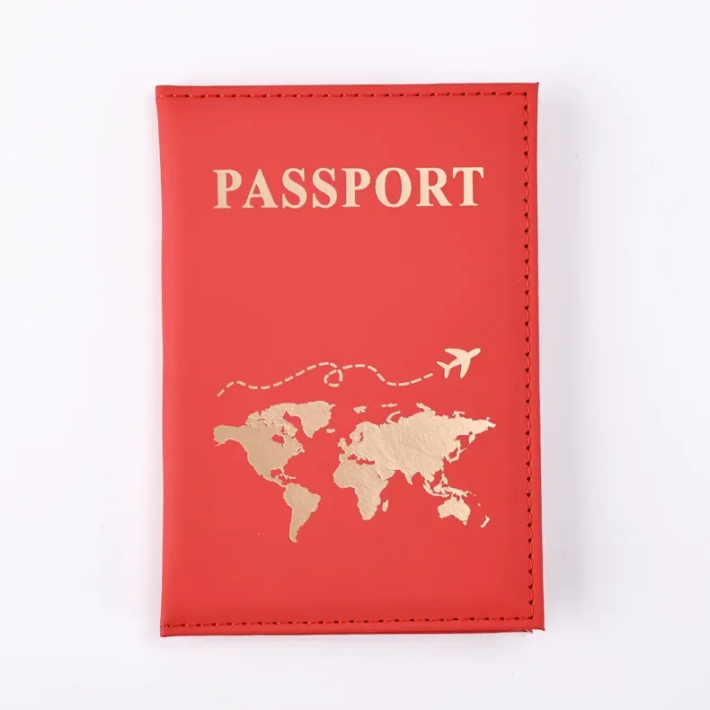 Funda dorada para pasaporte de viaje para hombre y mujer, funda de cuero PU con mapa de billetes, fundas para pasaporte, accesorios protectores para pasaporte: Rojo