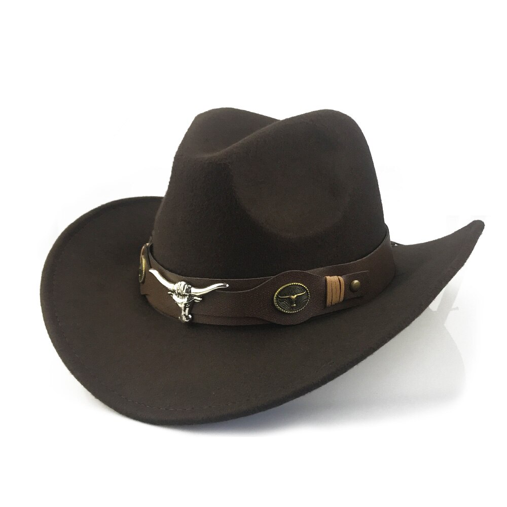 YY Bull Cowboy Cap for Men Autumn Winter Fedora Hats Retro Western Cowgirl Cap With Wide PU Leather Belt YY20074: Brown Bull Cowboy
