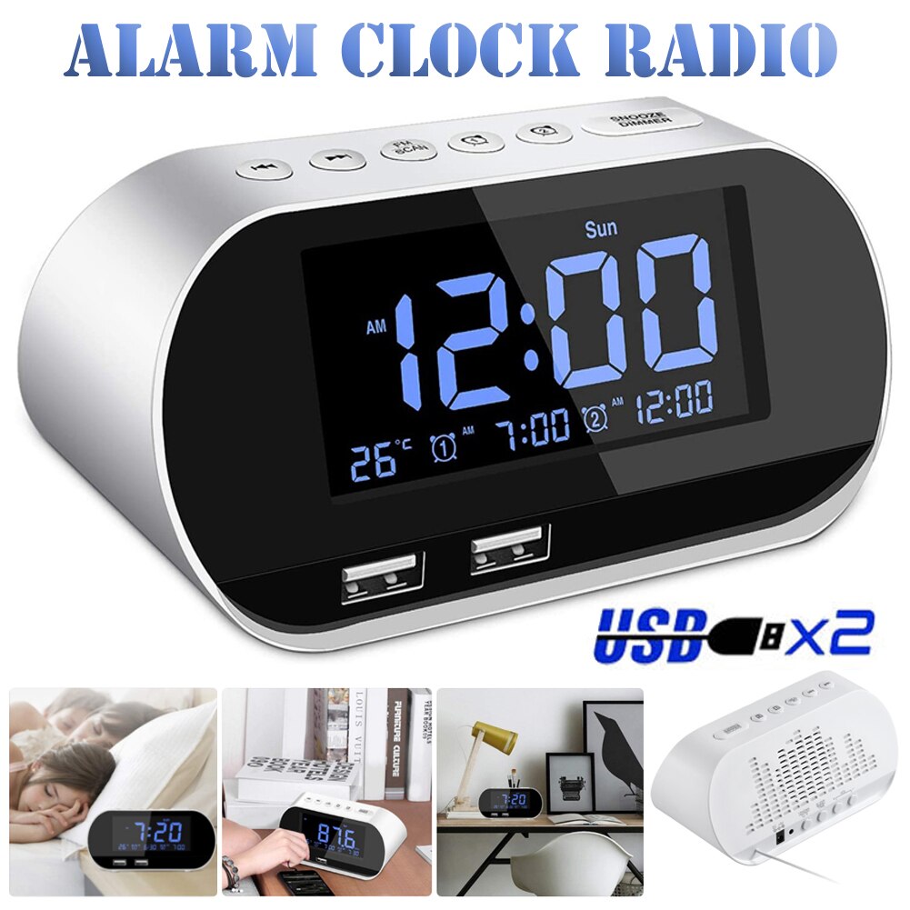 Radio-réveil Fm avec minuterie de sommeil, double Port Usb, affichage numérique avec gradation, Volume réglable (blanc)