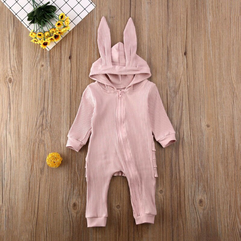 Schattige Kinderen Baby Meisje Jongen Lange Mouw Gebreide Ruches Romper Spirng Effen 3D Oren Capuchon Rits Jumpsuit Overall kleding