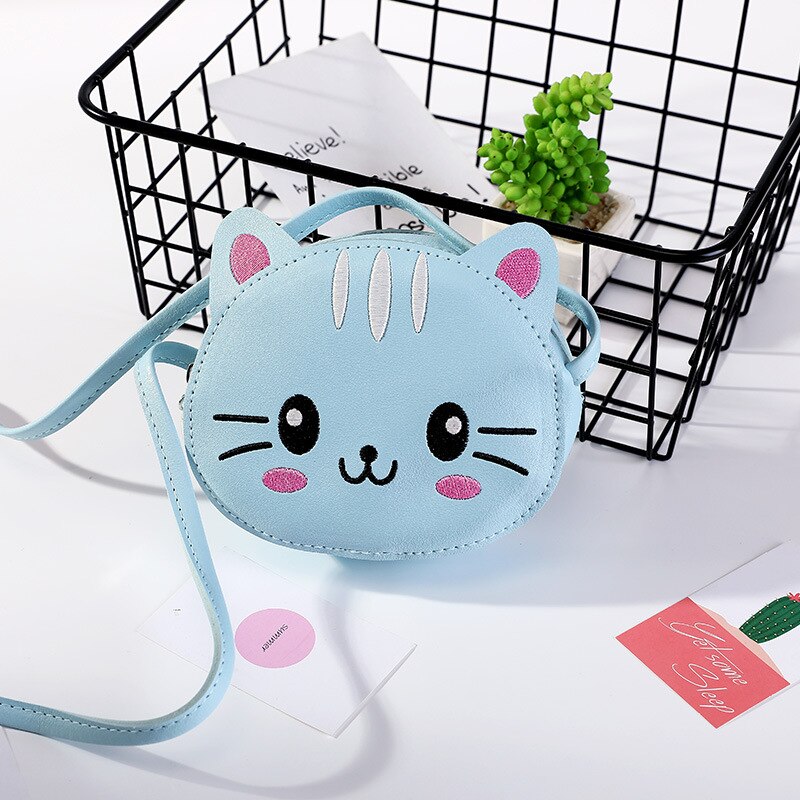 Korean Cute Kids Cat Crossbody Bag Cartoon Baby Girl Toddler Mini PU Messenger Bags Shoulder Bag: Blue cat