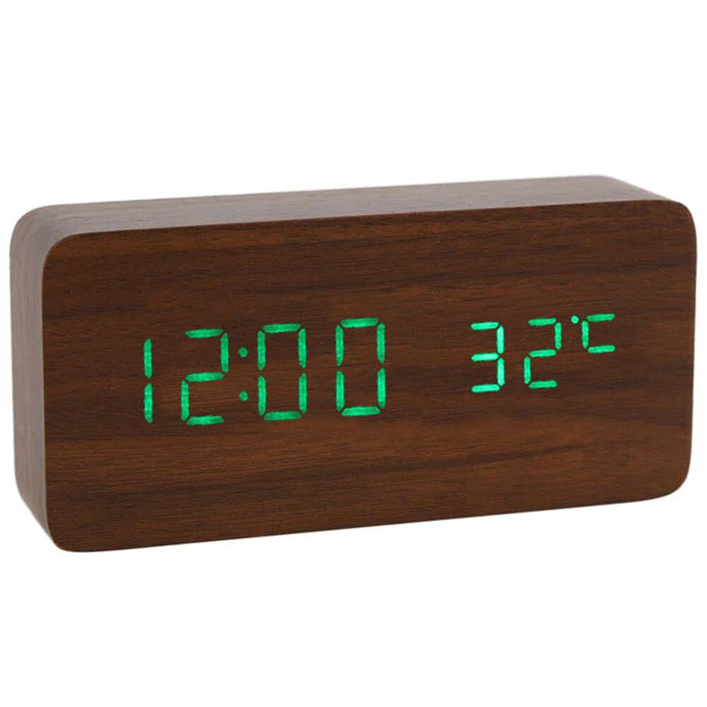 reloj despertador LED con Control de voz, termómetro Digital, retroiluminación de madera, reloj Retro brillante, mesa, Despertadores luminosos: Green Number Brown