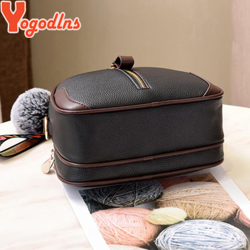 Yogodlns Solid Color Women Shell Bag Portable Shoulder Bag PU Leather Female Bag With Gray Hair Ball