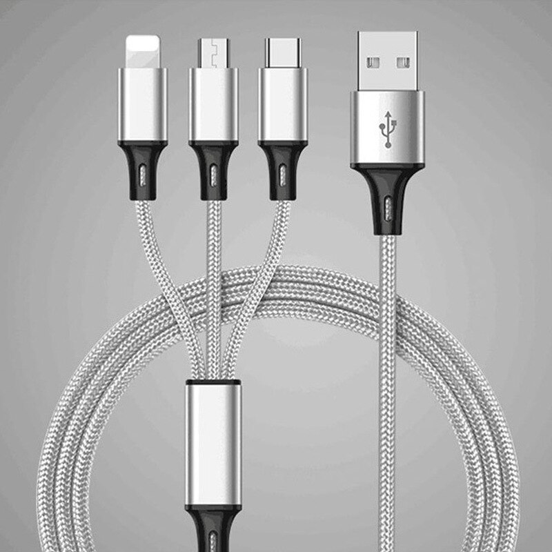Cable de datos de carga de teléfono móvil para encendedor de cigarrillos de coche con 3 tipos de interfaz USB para cargador de coche dual usb universal: Plata