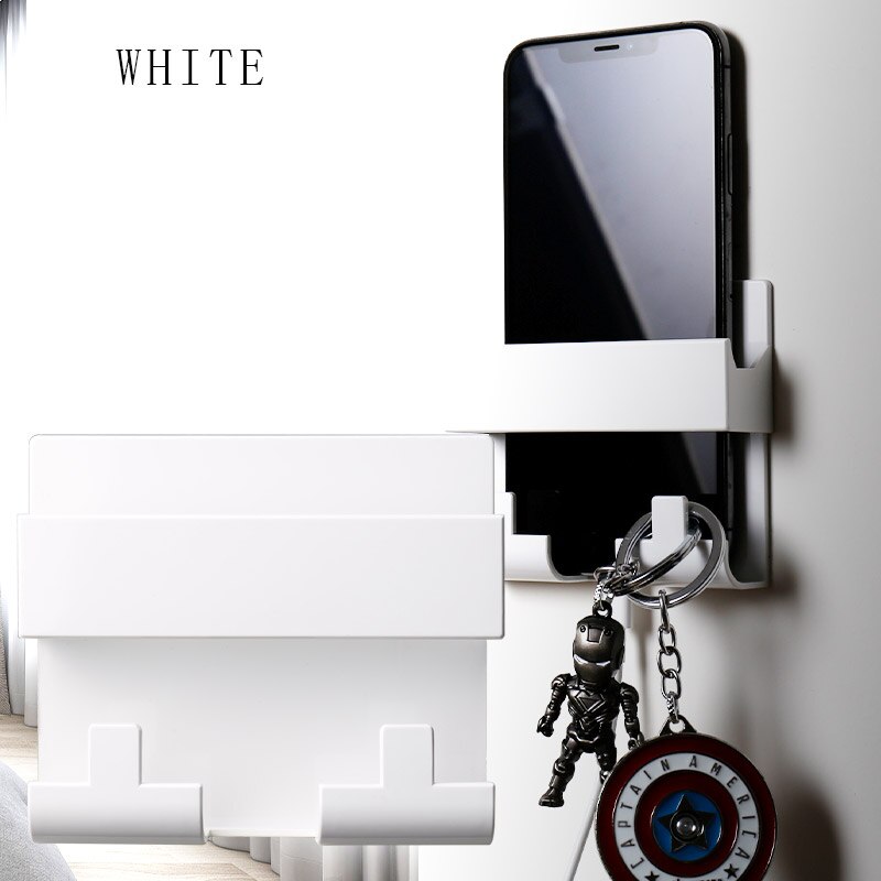 Telefon vægholder pasta vægmonteret opbevaringsstativ smart hængende mobiltelefon tablet oplader holder sømfri lim nøglering: Hvid