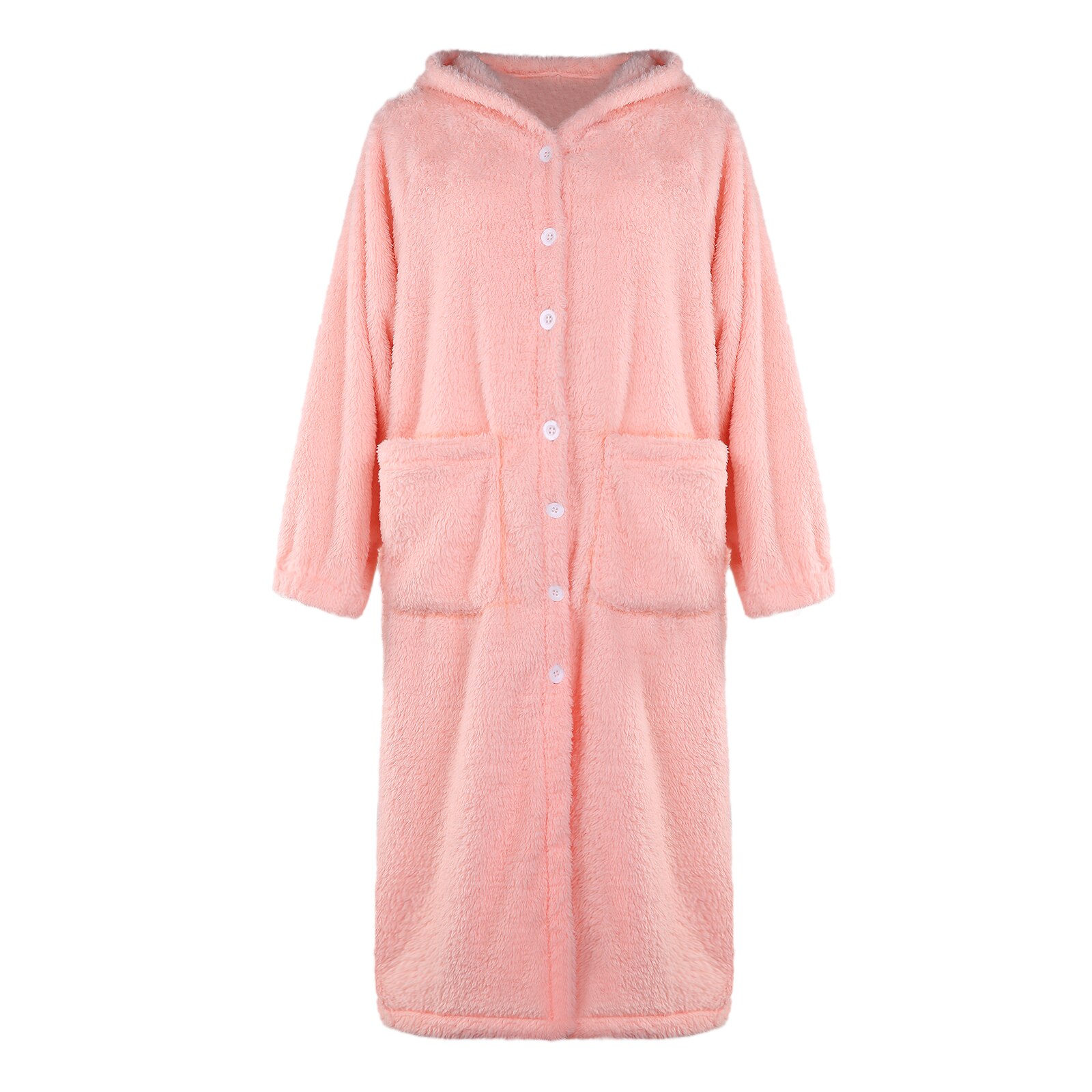 Women Pajamas Solid Color Plush Fleece Dual Pocket Button Up Hooded Robe Long Sleeve One-Piece Winter Nightwear Sleepwear: Pink / L