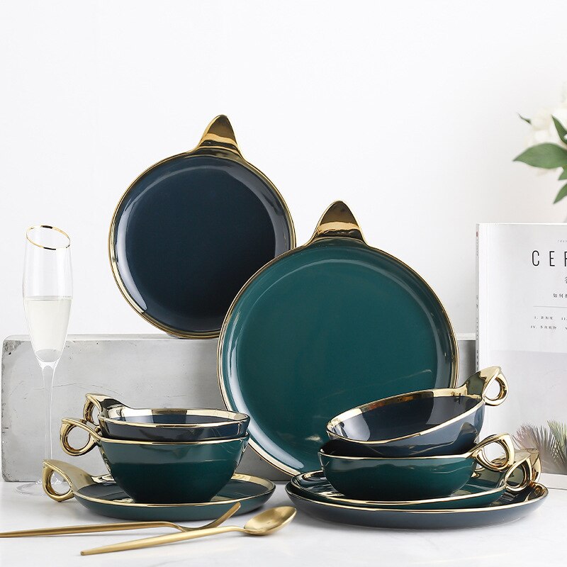 Ceramic Ring Dinnerware Set Bowl Dishes Saucer Combination 11.5inch Plate Green Light Luxury Modern Dinner Set