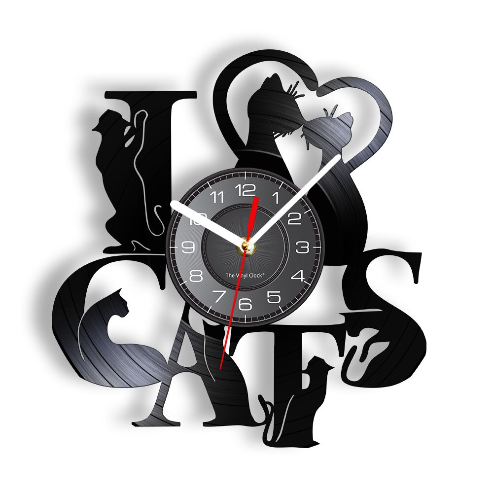 Horloge murale I Love chats noirs | Disque vinyle, Art mural, amusant chaton Kitty, Vintage, chauffant de maison pour chats amoureux: Without LED